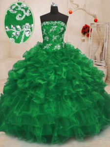 Stunning Green Sleeveless Floor Length Beading and Appliques and Ruffles Lace Up Sweet 16 Quinceanera Dress