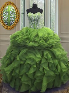 Delicate Green Organza Lace Up Sweetheart Sleeveless Floor Length 15 Quinceanera Dress Beading and Ruffles
