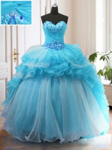 Beading and Ruffled Layers 15 Quinceanera Dress Baby Blue Lace Up Sleeveless Sweep Train