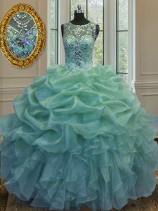 Elegant Green Ball Gowns Organza Scoop Sleeveless Beading and Ruffles and Pick Ups Floor Length Lace Up Sweet 16 Dresses
