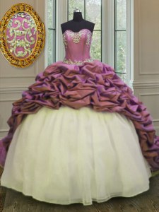 Designer White And Purple Sweet 16 Quinceanera Dress Military Ball and Sweet 16 and Quinceanera and For with Beading and Appliques and Pick Ups Sweetheart Sleeveless Sweep Train Lace Up