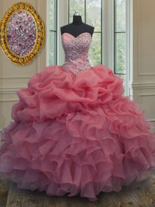Pink Sleeveless Floor Length Beading and Ruffles and Pick Ups Lace Up Ball Gown Prom Dress