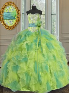 Multi-color Ball Gowns Organza Sweetheart Sleeveless Beading and Appliques and Ruffles and Sashes ribbons and Hand Made Flower Floor Length Lace Up Quinceanera Dress