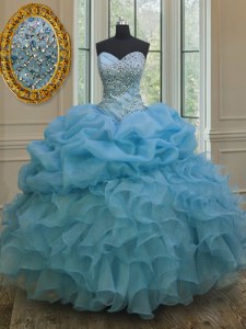 Custom Fit Pick Ups Baby Blue Sleeveless Organza Lace Up Quinceanera Gowns for Military Ball and Sweet 16 and Quinceanera