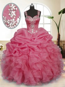 Pink Organza Zipper Sweet 16 Quinceanera Dress Sleeveless Floor Length Beading and Ruffles and Pick Ups