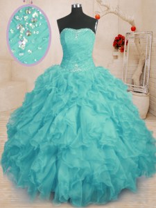 Noble Aqua Blue Ball Gowns Strapless Sleeveless Organza Floor Length Lace Up Beading and Ruffles Quinceanera Dresses