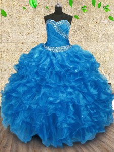 Gorgeous Organza Sweetheart Sleeveless Lace Up Beading and Ruching Quinceanera Dresses in Baby Blue