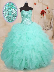 Affordable Apple Green Organza Lace Up 15 Quinceanera Dress Sleeveless Floor Length Beading and Ruffles