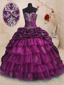 Custom Design Sleeveless Organza and Taffeta With Train Sweep Train Lace Up Sweet 16 Dresses in Purple with Beading and Appliques and Ruffles and Pick Ups