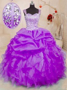 Charming Pick Ups Straps Sleeveless Lace Up 15th Birthday Dress Purple Organza