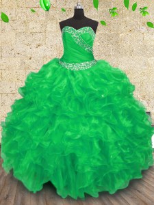Dazzling Floor Length Lace Up Quinceanera Dresses Green for Military Ball and Sweet 16 and Quinceanera with Beading and Appliques and Ruffles and Ruching