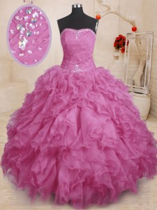 Strapless Sleeveless Quinceanera Gown Floor Length Beading and Ruffles and Ruching Fuchsia Organza