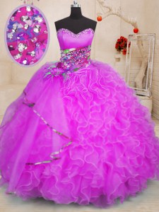 Shining Sleeveless Organza Floor Length Lace Up Quinceanera Dresses in Fuchsia with Beading and Ruffles