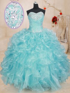 Sweet Floor Length Blue Quince Ball Gowns Organza Sleeveless Beading and Ruffles