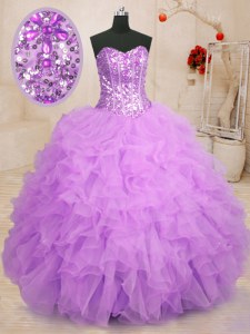 Fabulous Lilac Ball Gowns Organza Sweetheart Sleeveless Beading and Ruffles Floor Length Lace Up Sweet 16 Dress