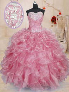 Delicate Pink Organza Lace Up Ball Gown Prom Dress Sleeveless Floor Length Beading and Ruffles