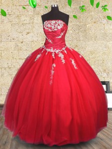 Romantic Red Ball Gowns Strapless Sleeveless Tulle Floor Length Lace Up Appliques and Ruching Quinceanera Gown