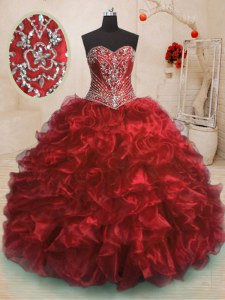 Enchanting Wine Red Sweetheart Lace Up Beading and Ruffles 15 Quinceanera Dress Sweep Train Sleeveless
