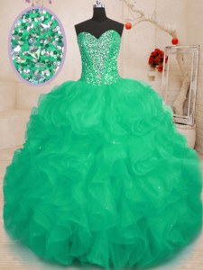 Latest Green Ball Gowns Beading and Ruffles Vestidos de Quinceanera Lace Up Organza Sleeveless Floor Length