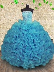 Spectacular Aqua Blue Lace Up Strapless Beading and Ruffles Quinceanera Dress Organza Sleeveless