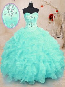 Latest Organza Sweetheart Sleeveless Lace Up Beading and Ruffles Quinceanera Dresses in Turquoise