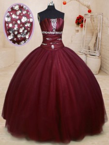 Sleeveless Tulle Floor Length Lace Up Quinceanera Dress in Burgundy with Beading