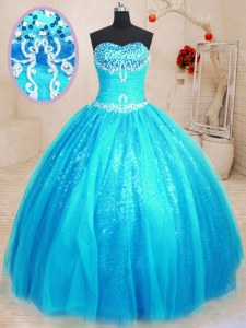 Exceptional Baby Blue Ball Gowns Sweetheart Sleeveless Tulle and Sequined Floor Length Lace Up Beading and Appliques Sweet 16 Dress