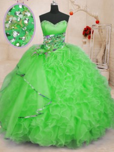 Affordable Sleeveless Organza Floor Length Lace Up Sweet 16 Dresses in with Beading and Ruffles