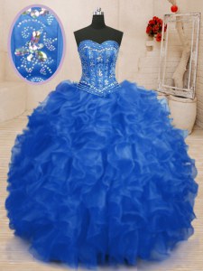 Sweetheart Sleeveless Lace Up Sweet 16 Dress Blue Organza