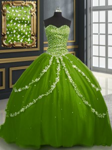 Olive Green Sweetheart Neckline Beading and Appliques Quinceanera Gown Sleeveless Lace Up