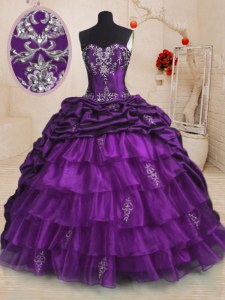 Best Selling Sleeveless Sweep Train Lace Up With Train Beading and Appliques and Ruffled Layers and Pick Ups Quince Ball Gowns