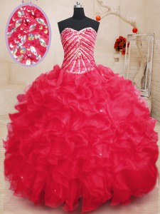 Exquisite Coral Red Sweetheart Lace Up Beading and Ruffles and Sequins Quince Ball Gowns Sleeveless