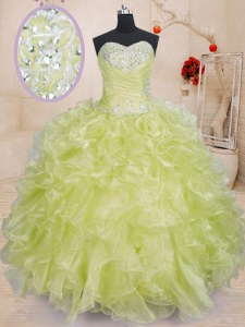 High Quality Yellow Green Ball Gowns Sweetheart Sleeveless Organza Floor Length Lace Up Beading and Ruffles Ball Gown Prom Dress