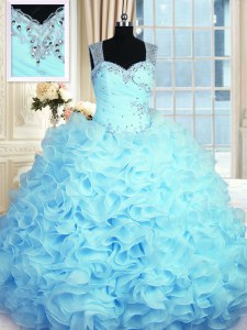 Sleeveless Organza Floor Length Zipper 15th Birthday Dress in Aqua Blue with Beading and Ruffles