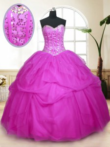 Sleeveless Floor Length Sequins and Pick Ups Lace Up 15th Birthday Dress with Fuchsia