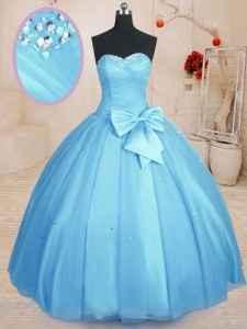 Baby Blue Sweetheart Neckline Beading and Bowknot Vestidos de Quinceanera Sleeveless Lace Up