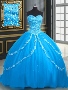 Aqua Blue Ball Gowns Beading and Appliques Sweet 16 Dresses Lace Up Tulle Sleeveless With Train