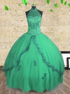 Halter Top Floor Length Ball Gowns Sleeveless Turquoise Ball Gown Prom Dress Lace Up