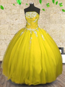 Yellow Sleeveless Appliques and Ruching Floor Length Quinceanera Dresses