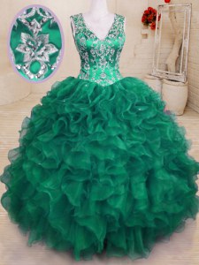 V-neck Sleeveless 15th Birthday Dress Floor Length Beading and Embroidery and Ruffles Dark Green Organza