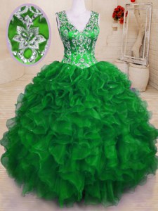 Green V-neck Neckline Beading and Embroidery and Ruffles Quince Ball Gowns Sleeveless Zipper