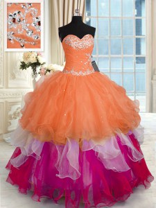 Glittering Sleeveless Organza Floor Length Lace Up Quince Ball Gowns in Multi-color with Beading and Ruffled Layers