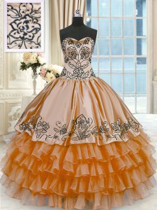 Enchanting Floor Length Rust Red Ball Gown Prom Dress Organza and Taffeta Sleeveless Beading and Embroidery and Ruffled Layers