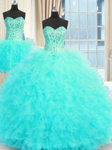 Three Piece Floor Length Aqua Blue 15th Birthday Dress Tulle Sleeveless Beading and Ruffles