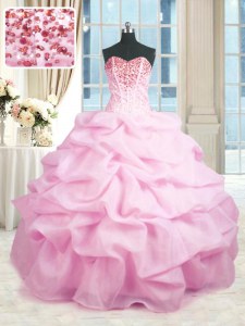 Charming Sleeveless Organza Floor Length Lace Up Ball Gown Prom Dress in Pink with Beading and Ruffles