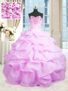 Lilac Ball Gowns Sweetheart Sleeveless Organza Floor Length Lace Up Beading and Ruffles Sweet 16 Quinceanera Dress