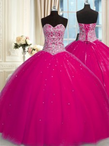 Glittering Halter Top Fuchsia Ball Gowns Beading and Sequins Sweet 16 Dresses Lace Up Tulle Sleeveless Floor Length