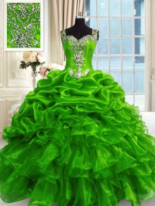 Romantic Green Sleeveless Floor Length Beading and Ruffles and Pick Ups Lace Up Sweet 16 Dress