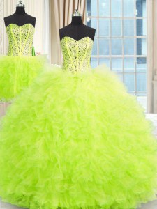 Three Piece Strapless Neckline Beading and Ruffles 15th Birthday Dress Sleeveless Lace Up