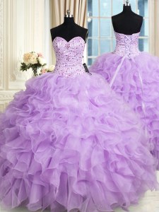 Custom Design Lilac Sleeveless Organza Lace Up Quince Ball Gowns for Military Ball and Sweet 16 and Quinceanera
